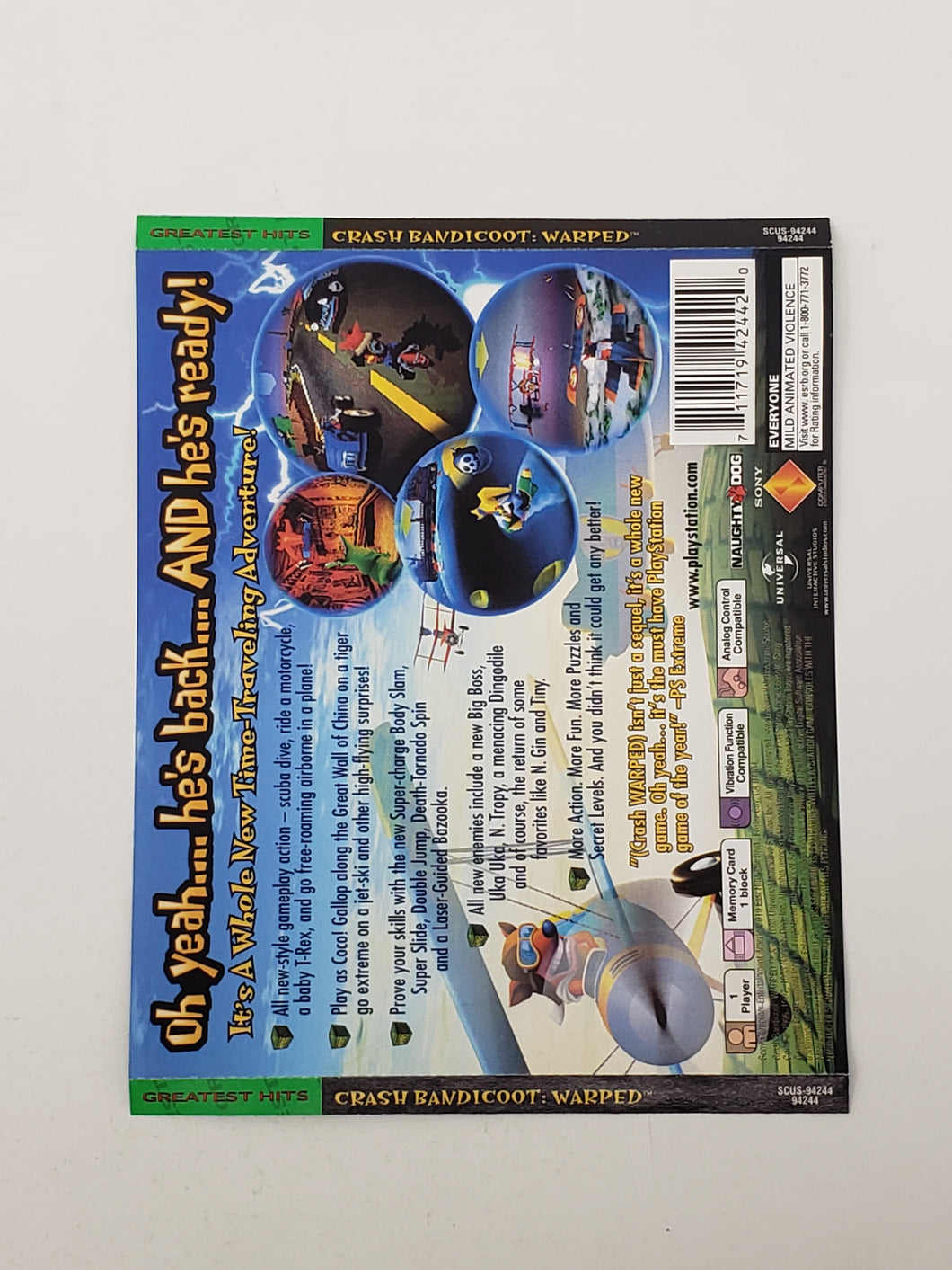 Crash Bandicoot Warped [Greatest Hits][Back Cover Art] - Playstation | PS1