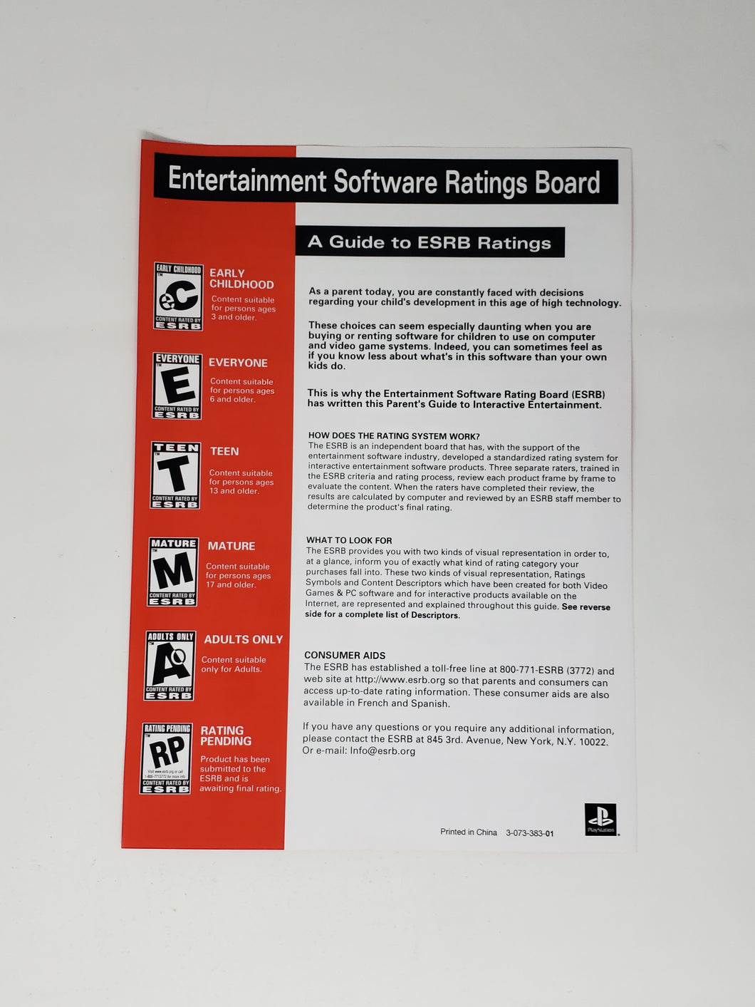 ESRB Rating Board [Insert] - Sony Playstation