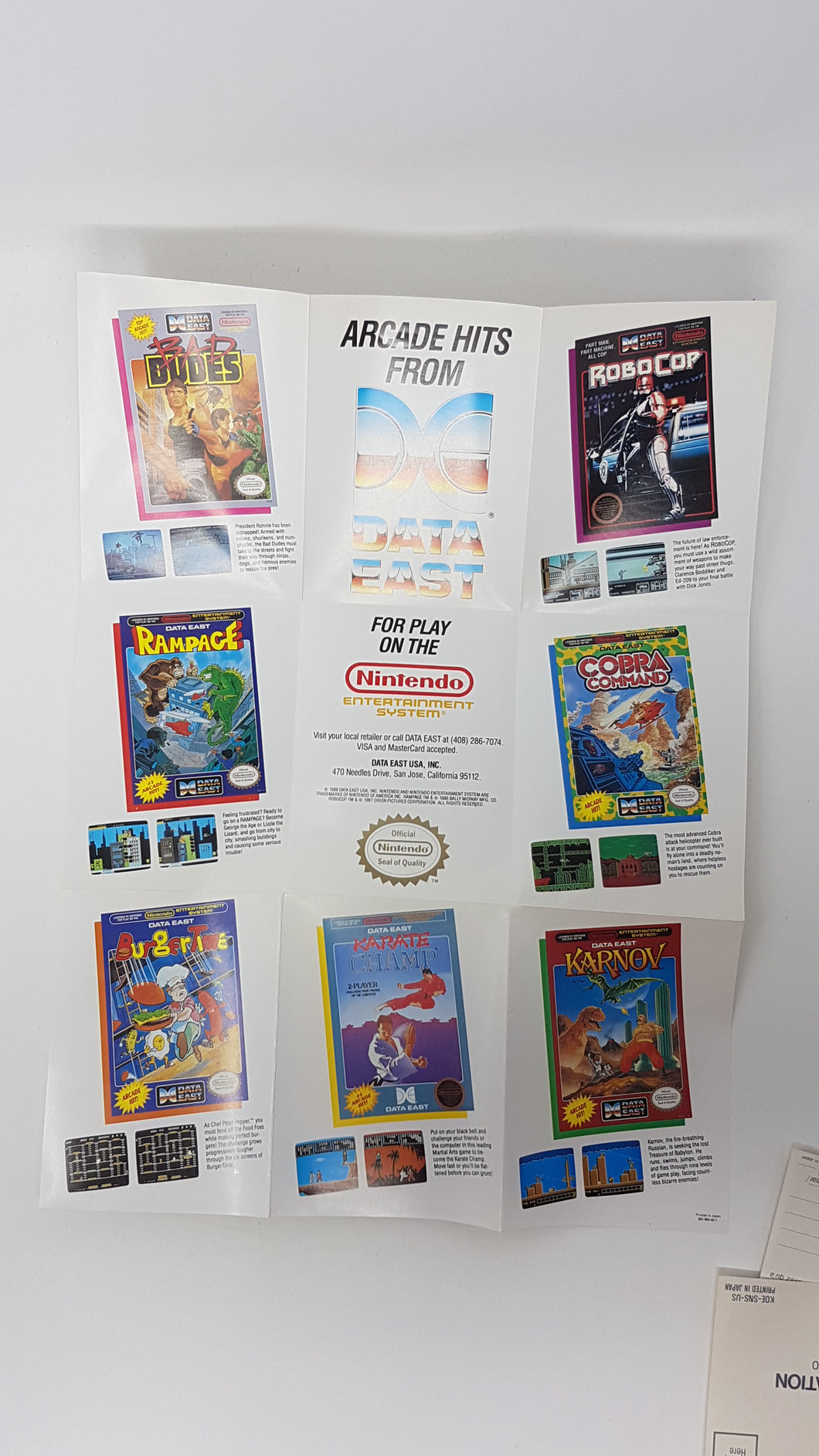 Insert Poster Data East 1988 Promo - Nintendo NES