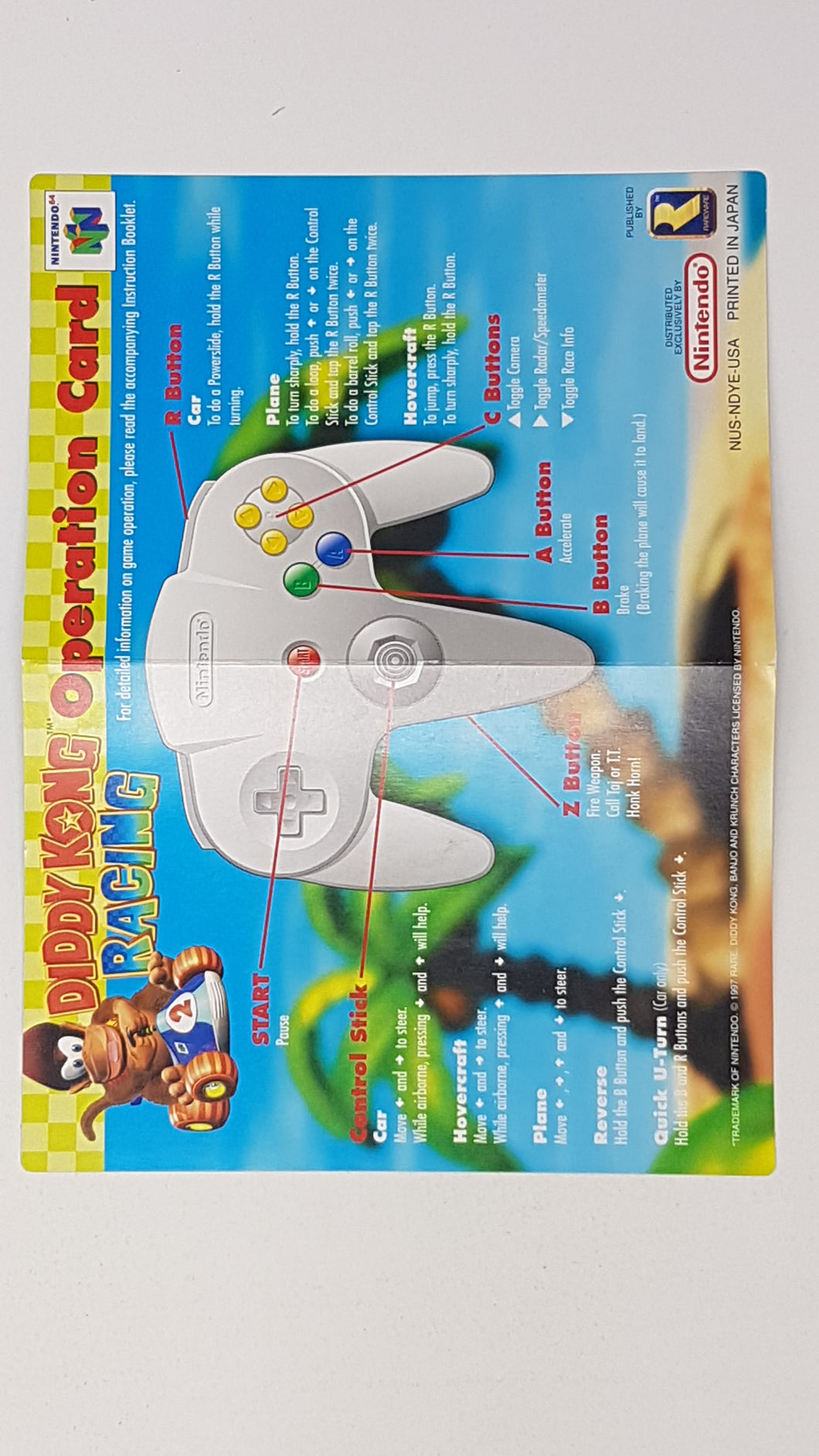 Diddy Kong Racing Operation Card Insert - Nintendo 64 | N64