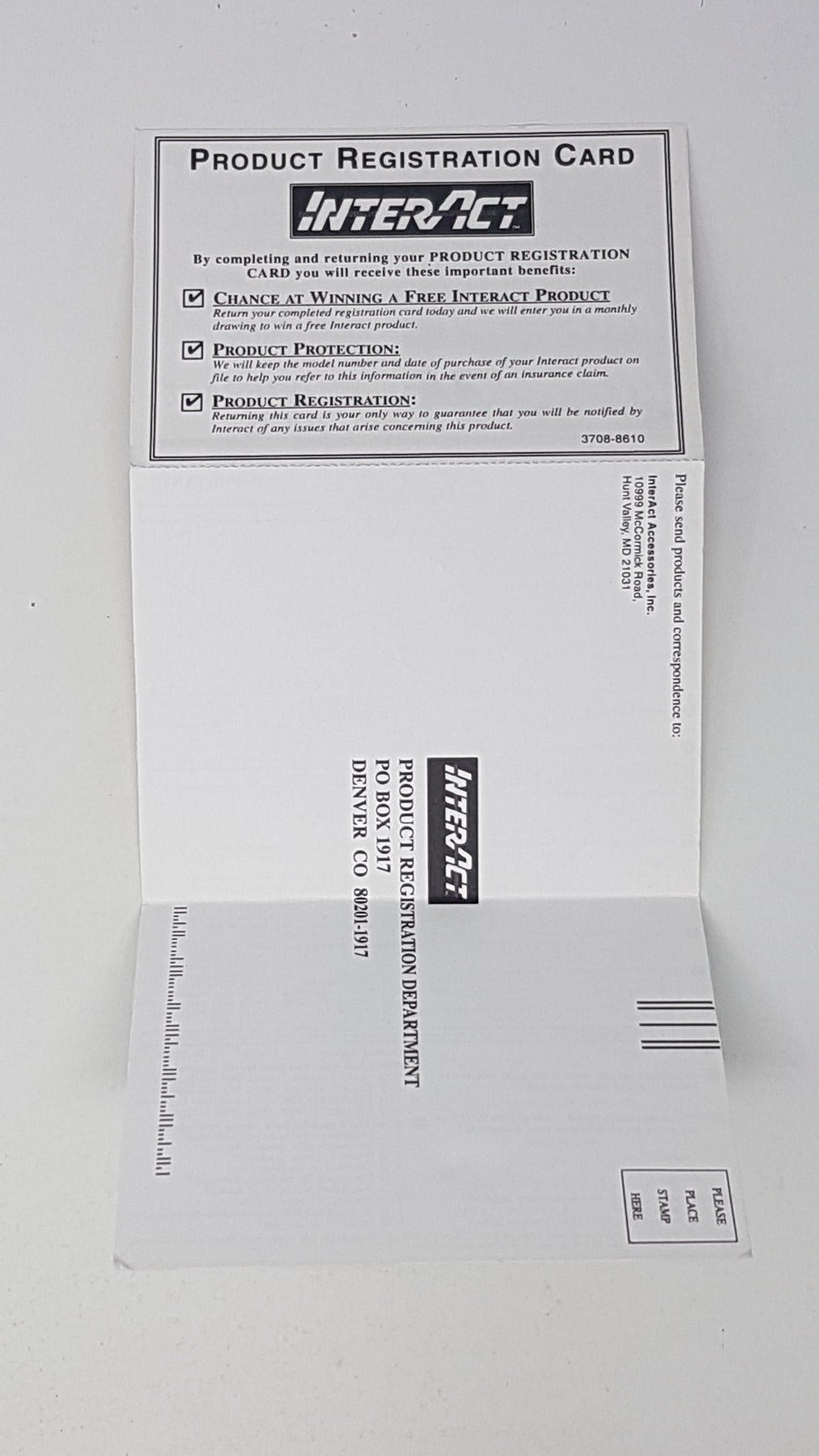 Interact Product Registration Card Insert - Nintendo | NES