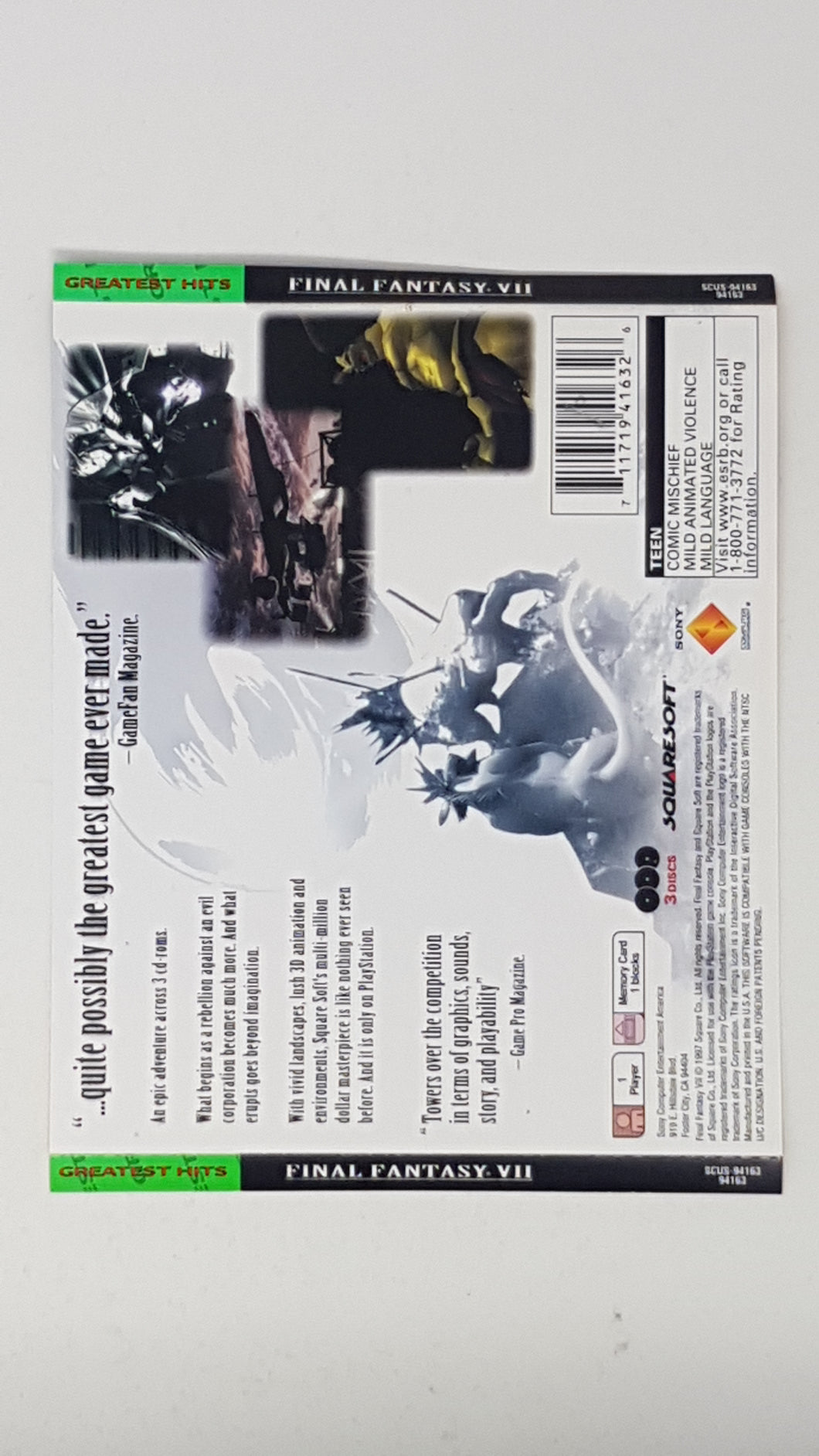 Final Fantasy VII [Greatest Hits] [Back Cover Art] - Sony Playstation 1 | PS1