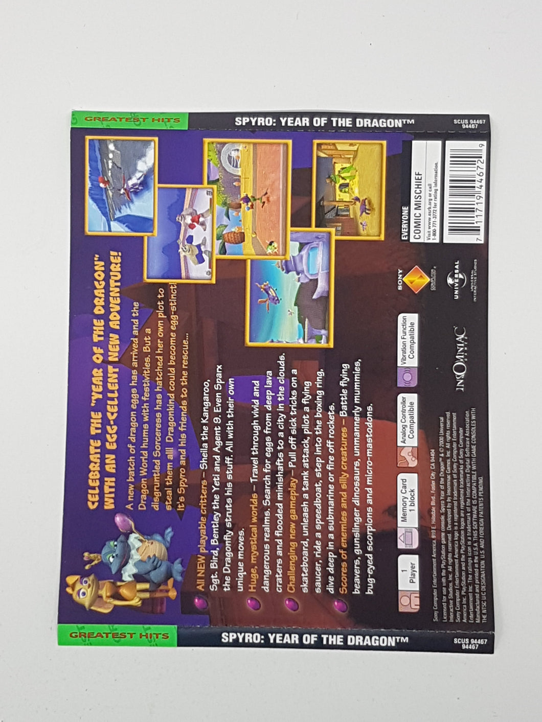 Spyro Year of the Dragon [Greatest Hits] [Back Cover Art] - Playstation | PS1