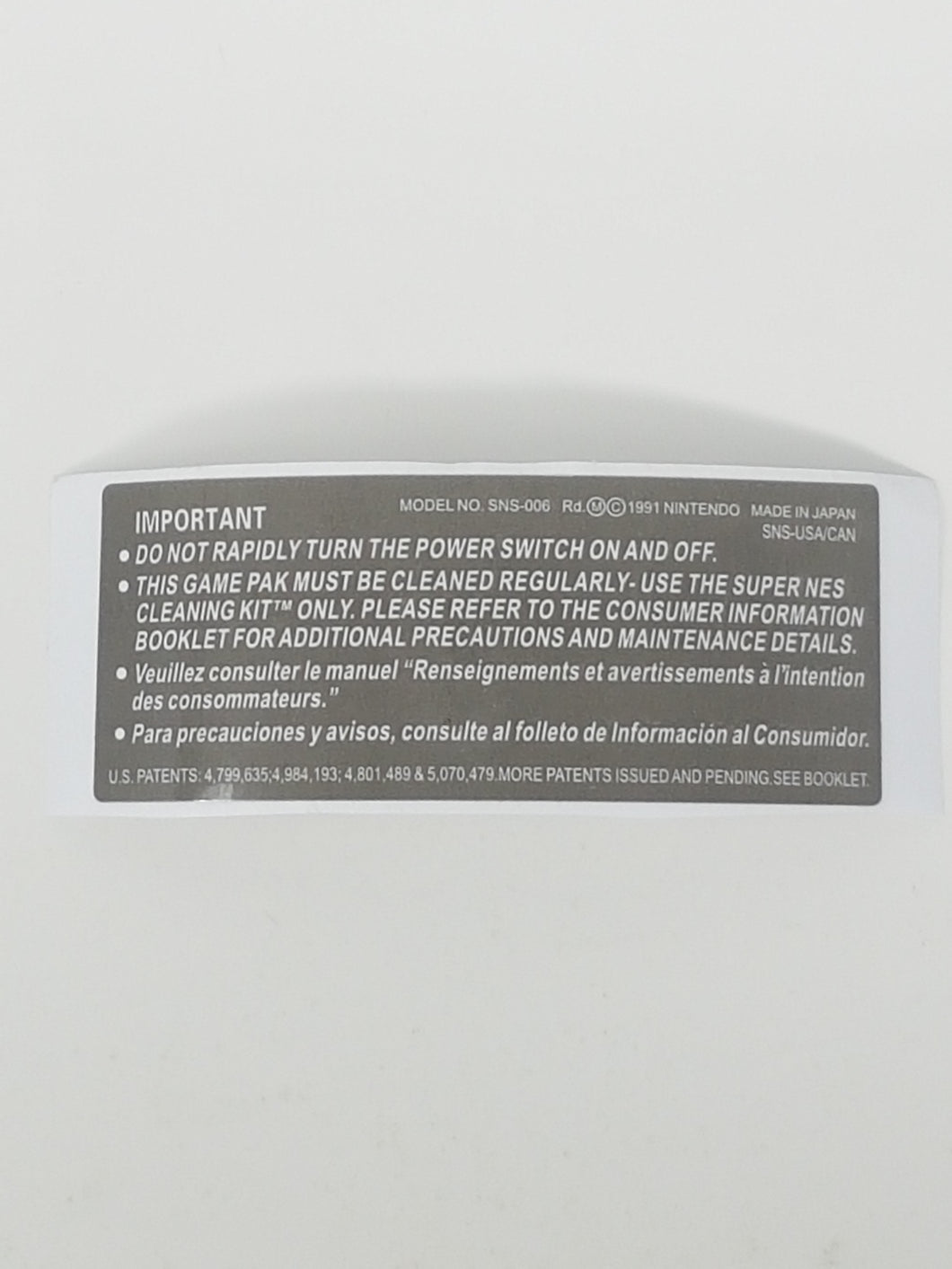 Replacement Rear Back Cartridge label for Super Nintendo Snes
