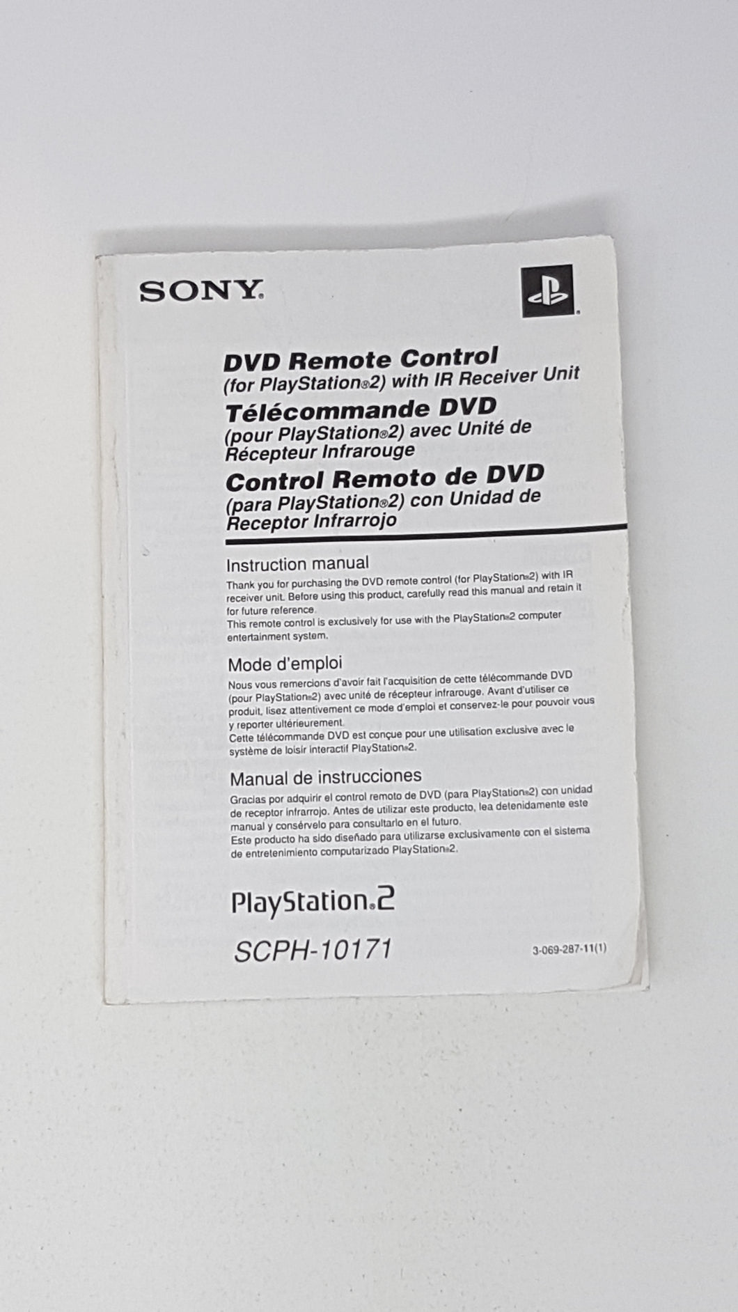 Sony PS2 DVD Remote Control Instruction Manual SCPH-10171